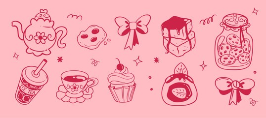 Pink Cute Vector Illustration of Tea and Desserts Cupcake Cookies Cake Teapot Iced Tea. Set of hand drawn illustrations