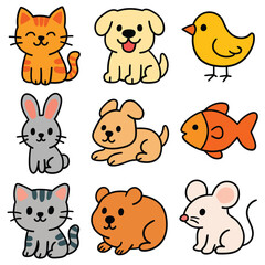 Hand drawn cartoon cute animal icon set isolated on white background. Cat, dog, chick, hare, rabbit, fish, hamster, mouse. Vector illustration.