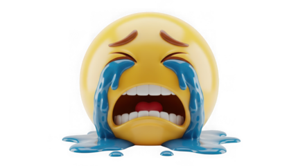 3d rendering of a crying emoji face with tears streaming down, isolated on transparent background