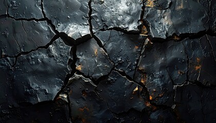 A dark, textured surface with deep cracks, showcasing dramatic contrasts of black and gold highlights.