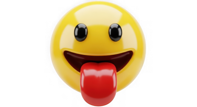 A 3d yellow smiley face emoji sticking out its red tongue, isolated on transparent background - Powered by Adobe