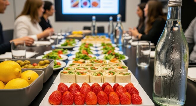 A long conference table is set with a variety of catered food and drinks for a