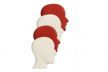 Four heads in profile, alternating red and white, symbolize teamwork and collaboration on a transparent background