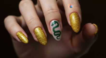Close-up of a woman's hand showcasing glamorous gold glitter nail polish with a unique green serpent design perfect for fashion and beauty concepts