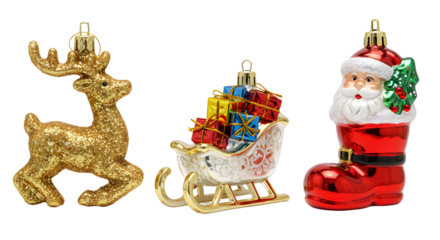 Christmas tree ornaments set featuring a golden reindeer, a gift-filled sleigh with bird, and a Santa Claus boot, perfect for holiday decoration
