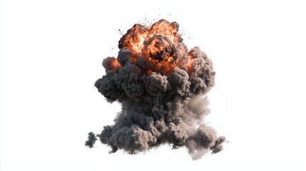 Powerful Explosion with Fiery Orange Flames and Thick Dark Smoke on White Background