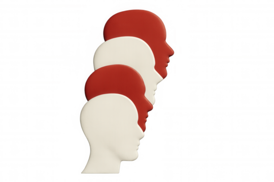 Four heads in profile, alternating red and white, symbolize teamwork and collaboration on a transparent background