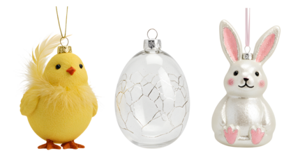 Easter ornaments with a yellow chick, cracked white egg, and cute bunny decorations, perfect for spring holiday decorating