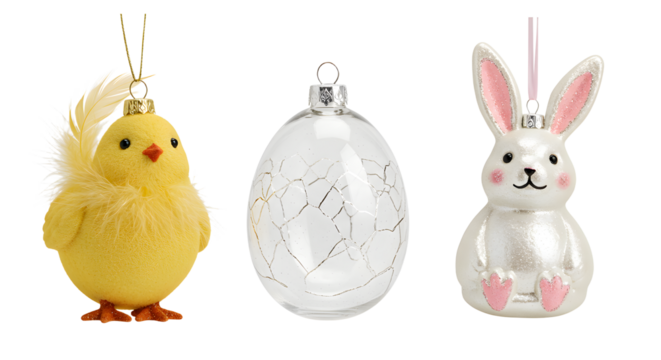 Easter ornaments with a yellow chick, cracked white egg, and cute bunny decorations, perfect for spring holiday decorating