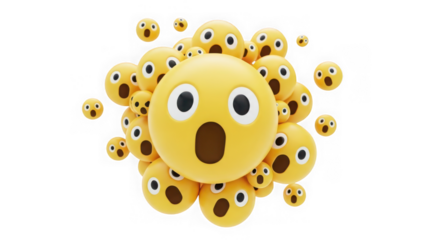 A large group of surprised and shocked yellow emoji faces, isolated on transparent background