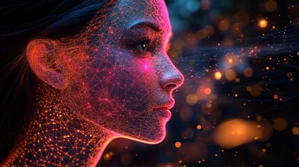 Digital woman face, glowing network