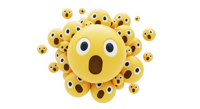A large group of surprised and shocked yellow emoji faces, isolated on transparent background