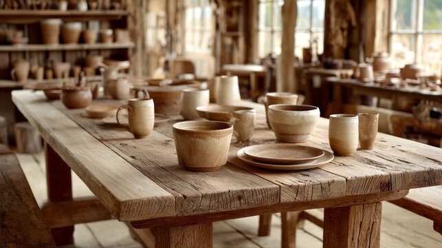 A wooden table with a variety of bowls, cups, and plates