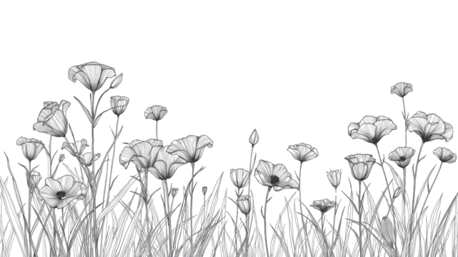 Monochrome Floral Meadow Border Elegant Grayscale Flowers and Grass