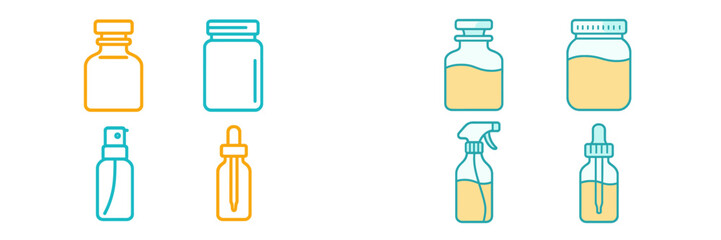 Collection of various cosmetic and medical liquid containers including spray bottles, dropper bottles, and jars