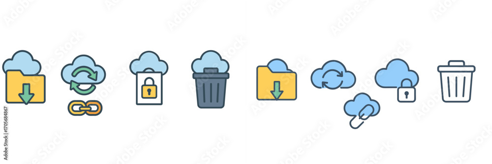 Leinwandbilder cloud computing data management icons set with download upload security trash folder link symbols fo