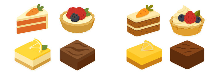 Fototapeta na wymiar Assortment of delicious sweet desserts including carrot cake, berry tarts, lemon bars, and chocolate brownies, a gourmet selection