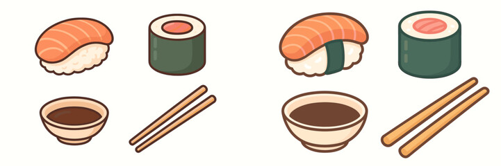 Collection of popular Japanese sushi dishes featuring salmon nigiri, seaweed wrapped maki rolls, and essential dining accessories © icon_art