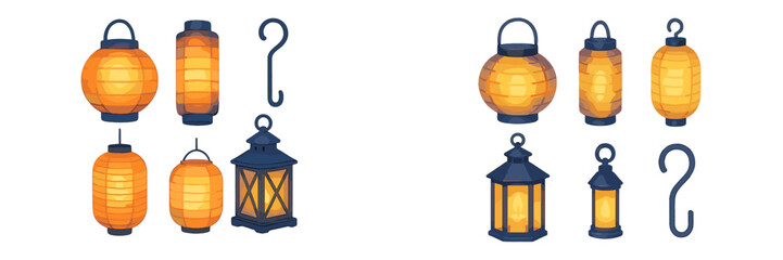 Traditional Asian paper and metal lanterns with glowing light and decorative hooks for festive occasions