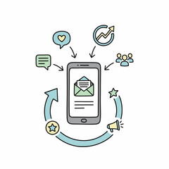 Smartphone displaying email, surrounded by icons representing communication, marketing, and social engagement.