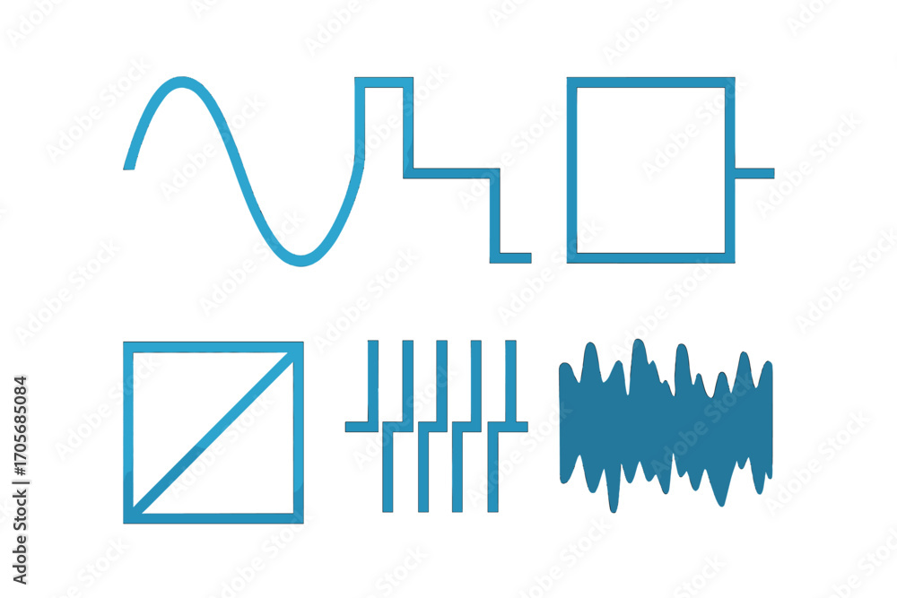 Poster abstract digital signal waveforms and geometric line art patterns representing technology, science, 