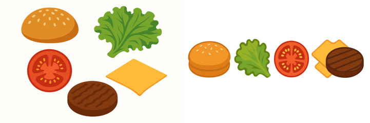 Variety of fresh burger ingredients including sesame seed buns, crisp lettuce, ripe tomato slices, cheddar cheese, and savory grilled patties