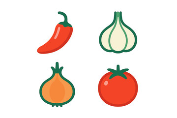 Vibrant collection of fresh chili pepper, garlic, onion, and tomato vegetables essential for healthy cooking and nutrition