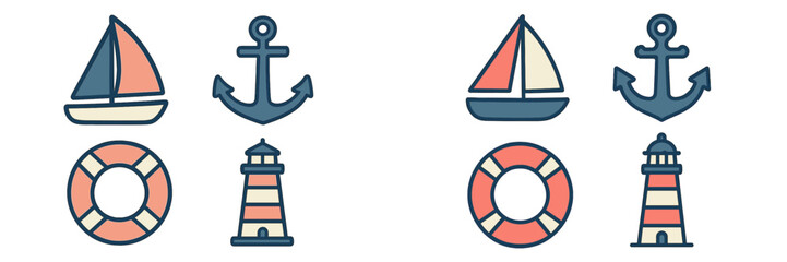 Sailing boat, anchor, life ring, and beacon tower marine symbols for ocean adventures and maritime design projects