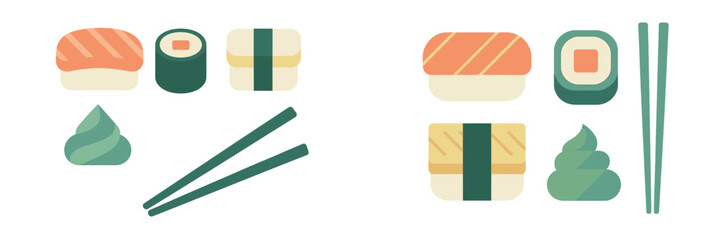Traditional Japanese sushi rolls, nigiri, and maki with wasabi and chopsticks, ideal for Asian cuisine menu design © icon_art