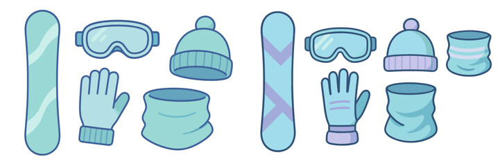 Set of winter sports equipment and accessories featuring snowboards, ski goggles, warm hats, and protective gloves