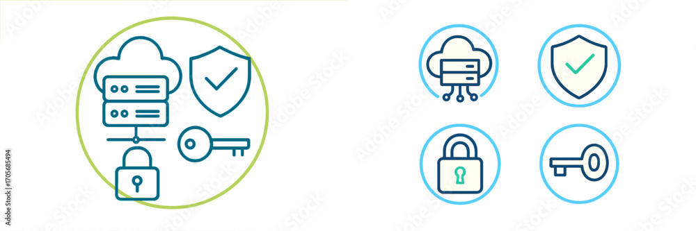 Aufkleber cloud computing security and data protection with access control icons featuring server, shield, pad
