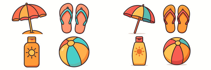 Collection of colorful summer beach accessories including umbrellas, flip flops, sunscreen, and beach balls