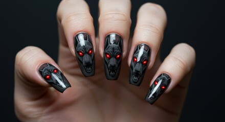 Intricate gothic werewolf nail art on long coffin-shaped nails against a black background