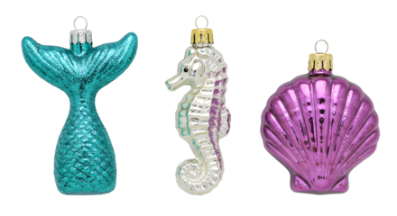Set of teal mermaid tail, white seahorse, and pink seashell Christmas ornaments, perfect for holiday decorations with a sea or ocean theme