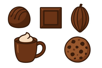 Delicious sweet chocolate truffle, chocolate bar, cocoa pod, warm hot chocolate drink, and cookie dessert selection