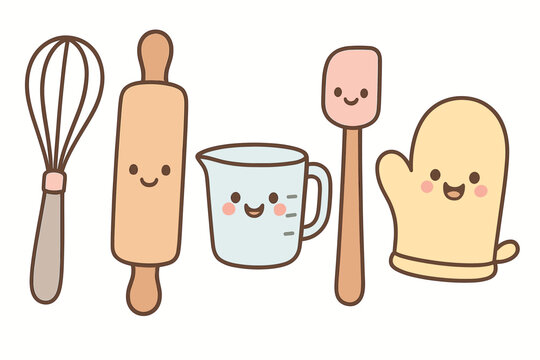 Set of adorable kitchen baking tools with happy faces including whisk rolling pin measuring cup spatula and oven mitt