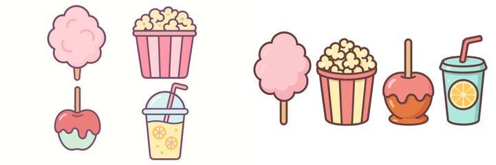 Sweet carnival treats collection with fluffy cotton candy, buttery popcorn, glazed candy apple, and refreshing lemonade drink