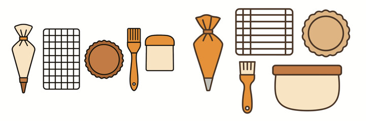 Collection of essential baking tools and kitchen utensils for pastry and dessert preparation and decorating, including piping bags, cooling racks, and pastry brushes