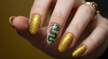 Sparkling golden nails adorned with a detailed green snake design