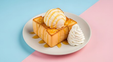 Decadent honey toast dessert with a scoop of vanilla ice cream, whipped cream, and sweet syrup on a colorful pink and blue background