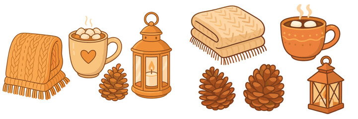 Cozy autumn and winter comfort elements with hot drinks, warm blankets, pinecones, and glowing lanterns