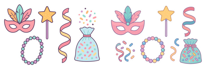 Vibrant festive carnival celebration elements with colorful masks, magic wands, beaded necklaces, and scattered confetti for party decoration
