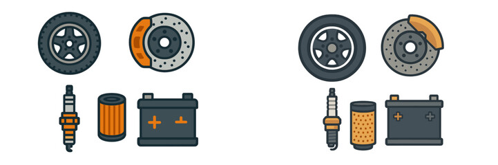 Essential automotive vehicle components set featuring wheel tire brake disc spark plug oil filter and car battery for repair and maintenance
