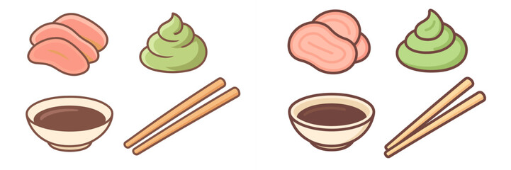 Japanese sushi condiments set with pickled ginger, wasabi paste, soy sauce bowl, and wooden chopsticks
