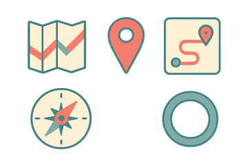 Modern flat design navigation icons set for digital applications, featuring map, location pin, travel route, and compass symbols