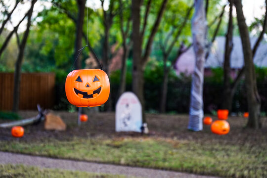 Halloween Decorations in a Spooky Outdoor Setting at Dusk