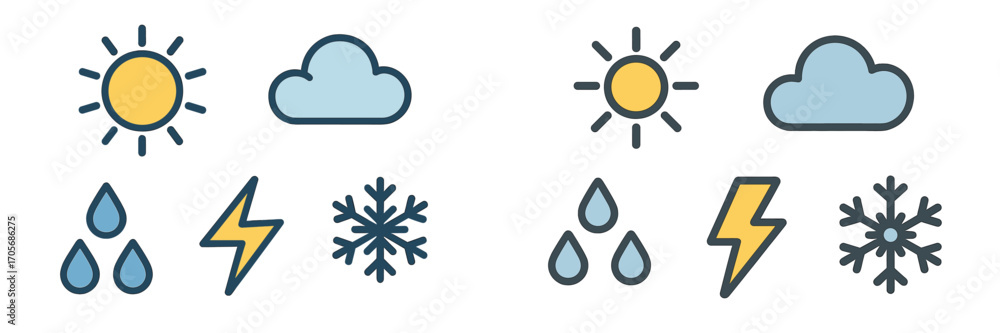 Poster essential weather forecast icons showing sun cloud rain lightning and snowflake for digital and prin