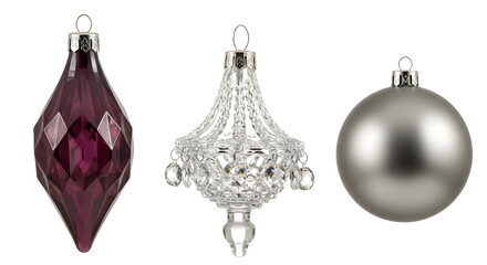 Set of three Christmas tree baubles with purple, silver ornate and plain ball designs, holiday decorations perfect for festive celebrations