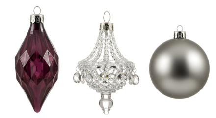 Set of three Christmas tree baubles with purple, silver ornate and plain ball designs, holiday decorations perfect for festive celebrations