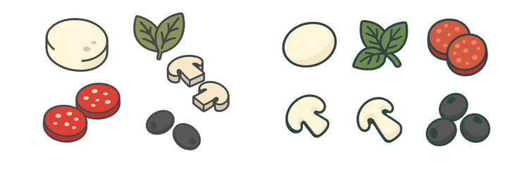 Delicious pizza ingredients set with mozzarella cheese, fresh green basil leaves, sliced mushrooms, spicy pepperoni, and black olives